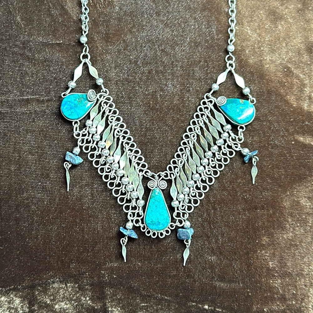 Vintage Art Deco Turquoise Metalwork Blue stone Necklace (possibly Sterling)🤩